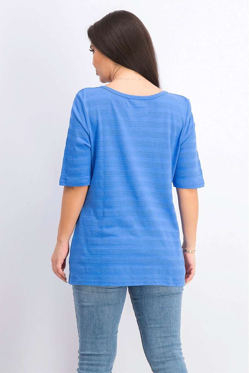 Charter Club Top feminino de algodão com textura listrada e manga cotovelo, azul, tamanho médio