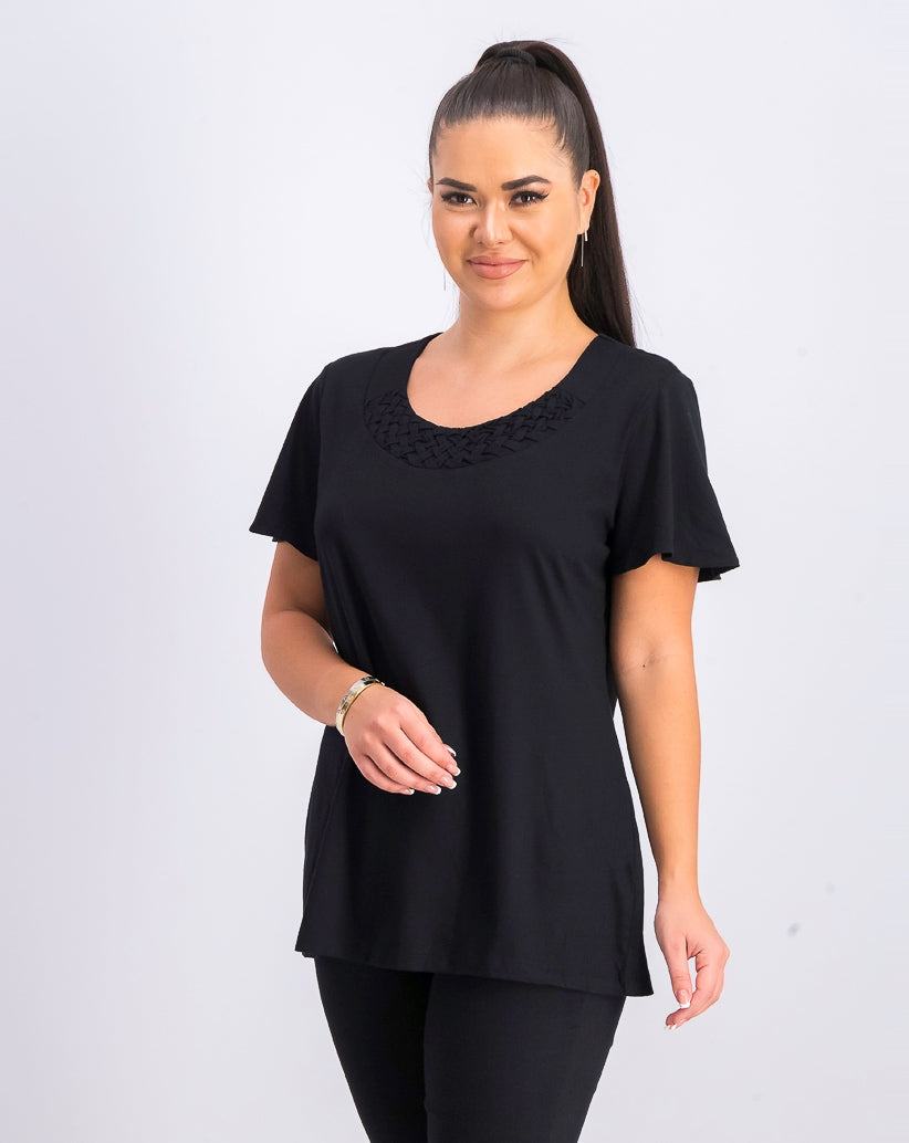 Camiseta feminina Karen Scott com gola trançada, preta, tamanho X-S