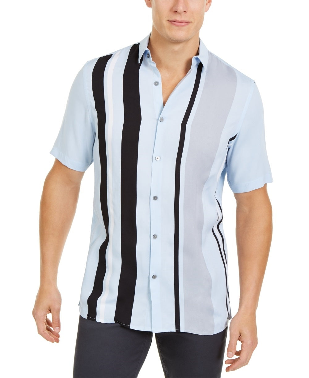 Camisa listrada estilo bowler regular fit masculina Alfani, azul, tamanho pequeno