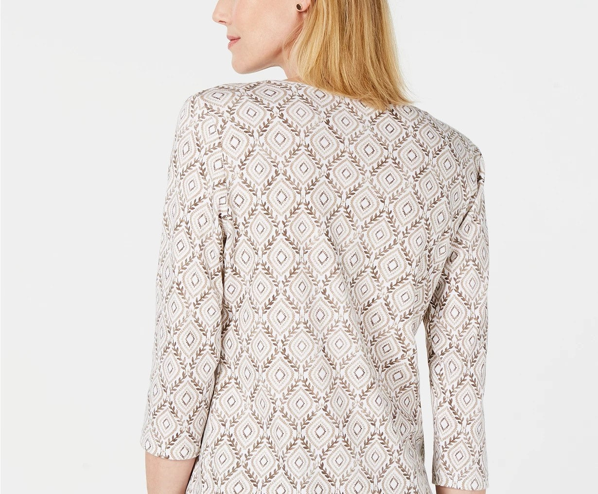 Blusa feminina Karen Scott com estampa de videira e manga 3/4, bege escuro, tamanho pequeno