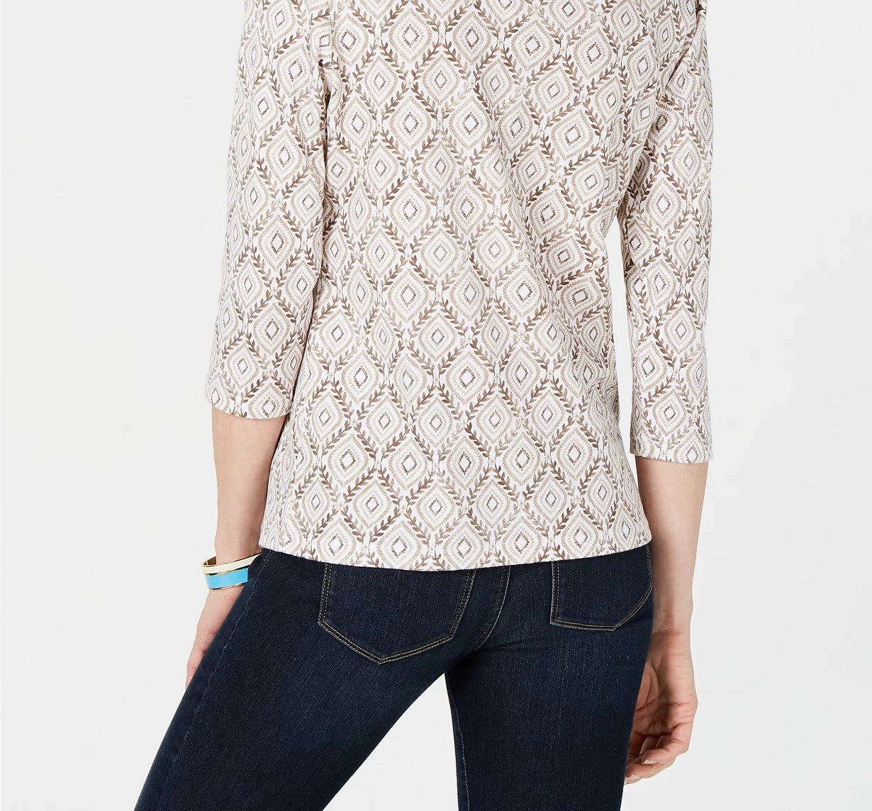 Blusa feminina Karen Scott com estampa de videira e manga 3/4, bege escuro, tamanho pequeno