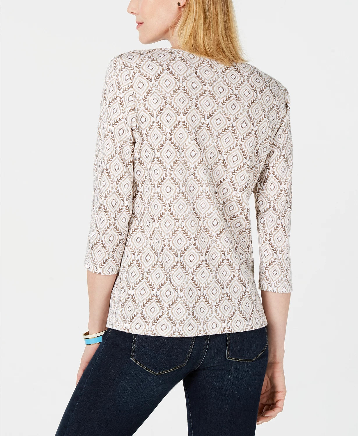 Blusa feminina Karen Scott com estampa de videira e manga 3/4, bege escuro, tamanho extra pequeno