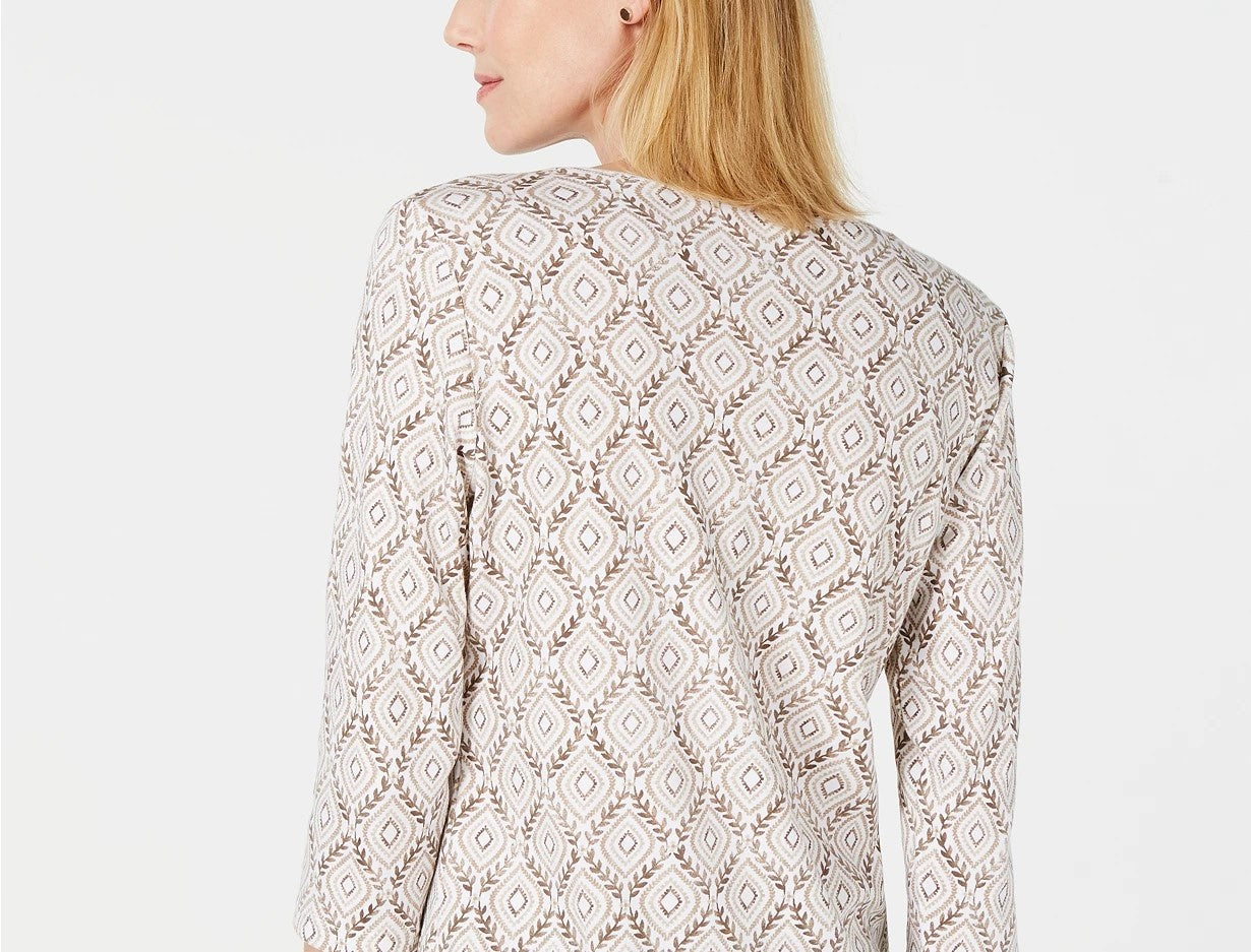 Blusa feminina Karen Scott com estampa de videira e manga 3/4, bege escuro, tamanho extra pequeno