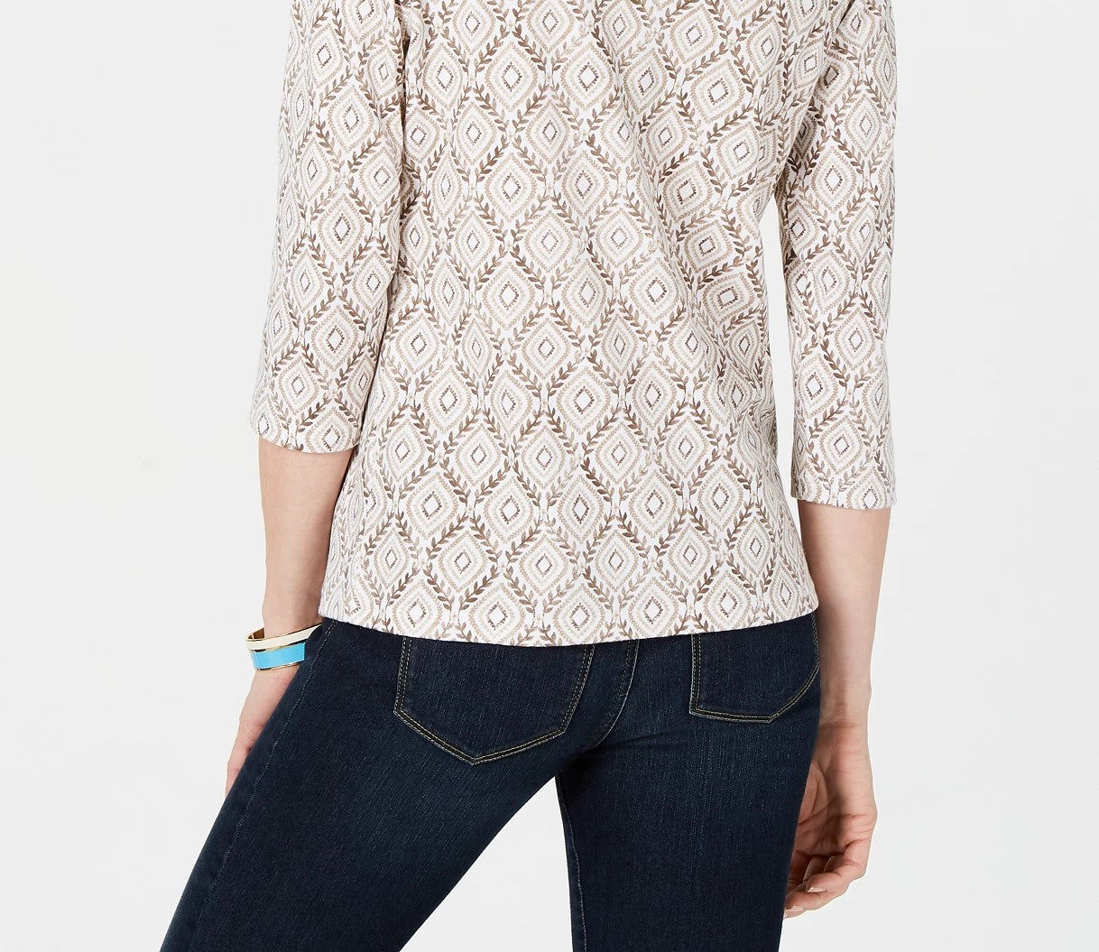 Blusa feminina Karen Scott com estampa de videira e manga 3/4, bege escuro, tamanho extra pequeno