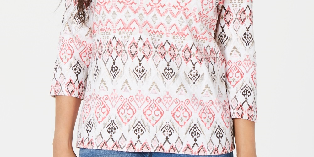 Blusa feminina estampada com decote em V, tamanho médio, laranja, Karen Scott