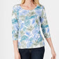 Blusa feminina Karen Scott estampada com manga 3/4, azul, tamanho pequeno