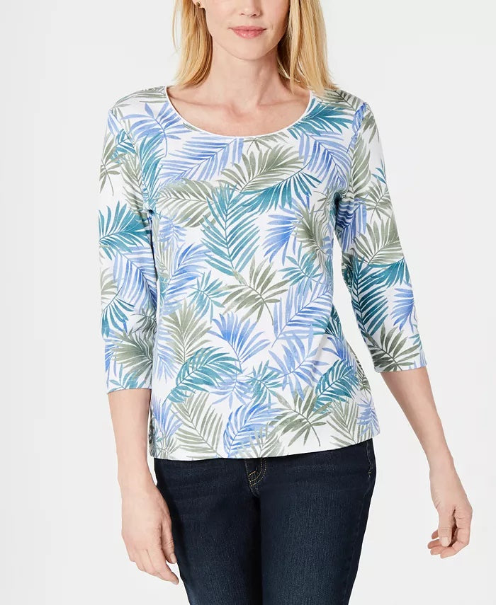 Blusa feminina Karen Scott estampada com manga 3/4, azul, tamanho pequeno