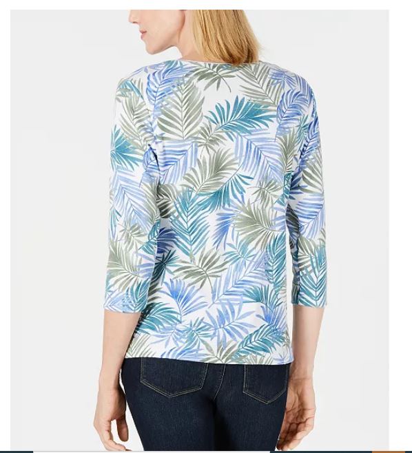 Blusa feminina Karen Scott estampada com manga 3/4, azul, tamanho pequeno