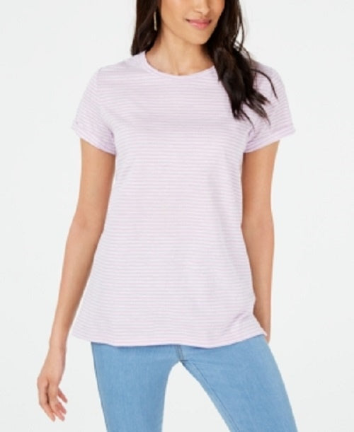 Camiseta feminina listrada Maison Jules com gola redonda, roxa, tamanho pequeno