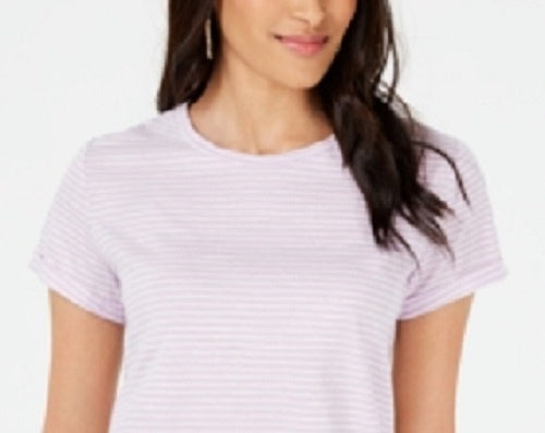 Camiseta feminina listrada Maison Jules com gola redonda, roxa, tamanho pequeno