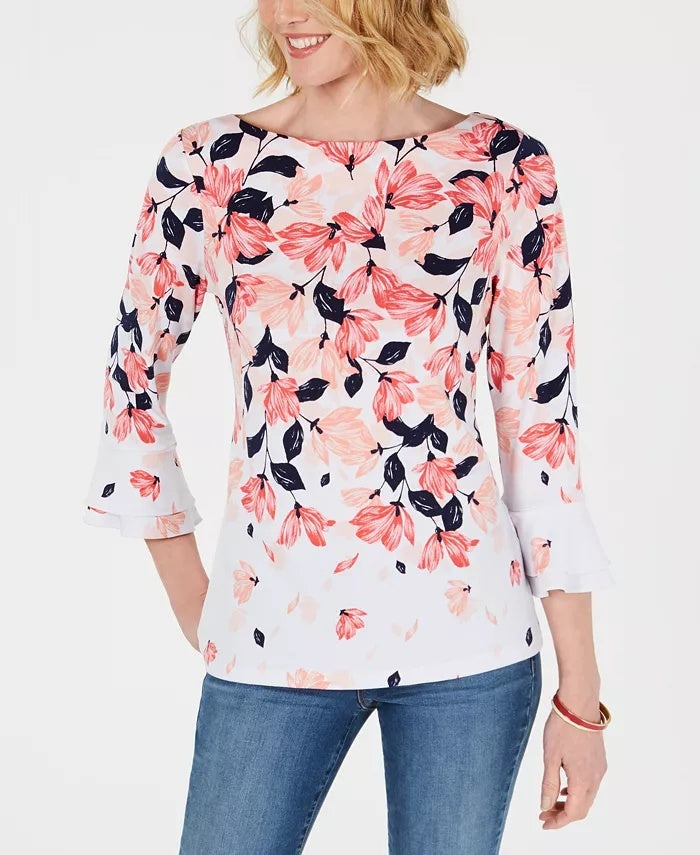 Blusa feminina estampada com mangas franzidas Charter Club, branca, tamanho médio