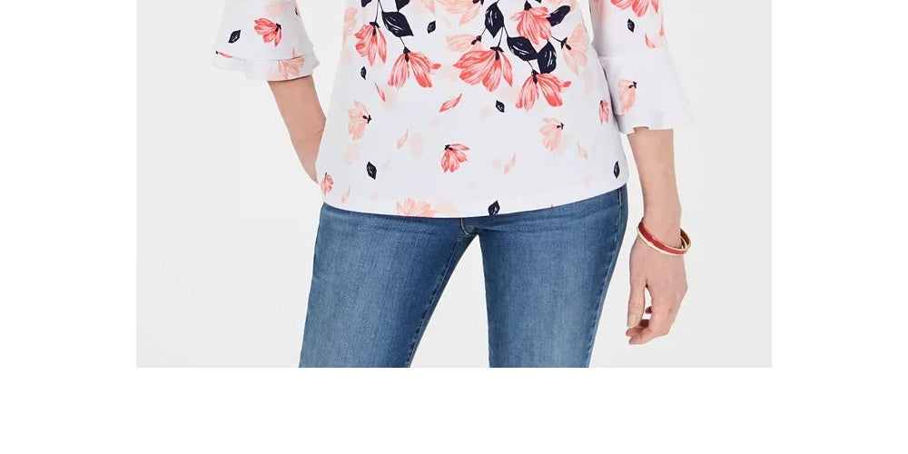 Blusa feminina estampada com mangas franzidas Charter Club, branca, tamanho médio