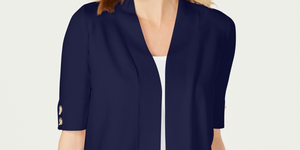 Cardigan feminino JM Collection com frente aberta e mangas curtas, azul, tamanho médio