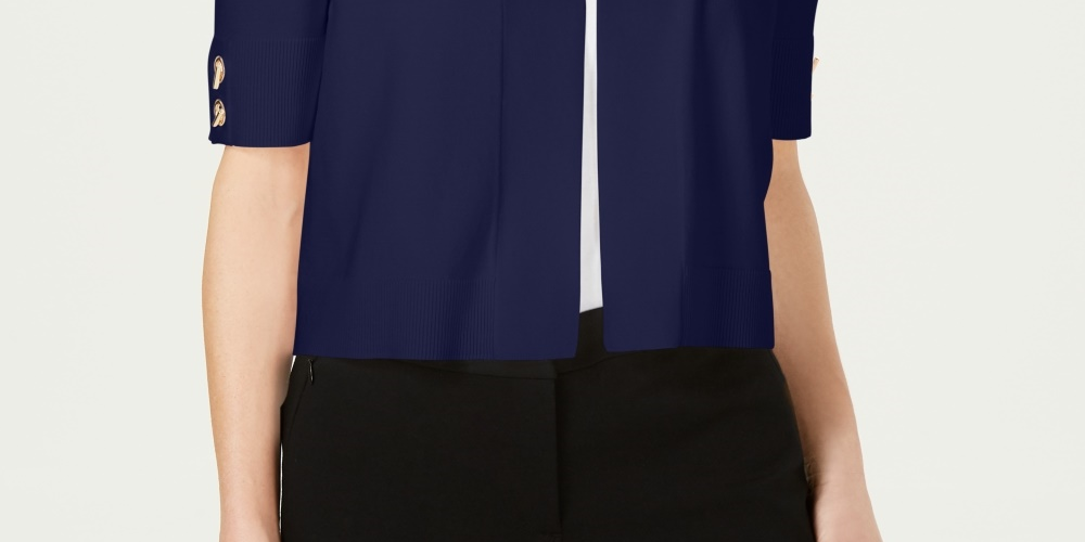 Cardigan feminino JM Collection com frente aberta e mangas curtas, azul, tamanho médio