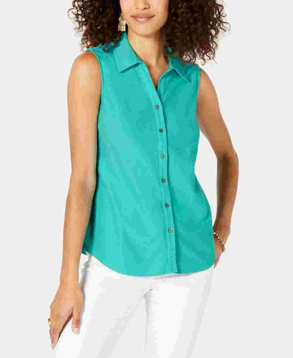 Camisa feminina sem mangas Charter Club Cotton Piquet Azul Tamanho 18