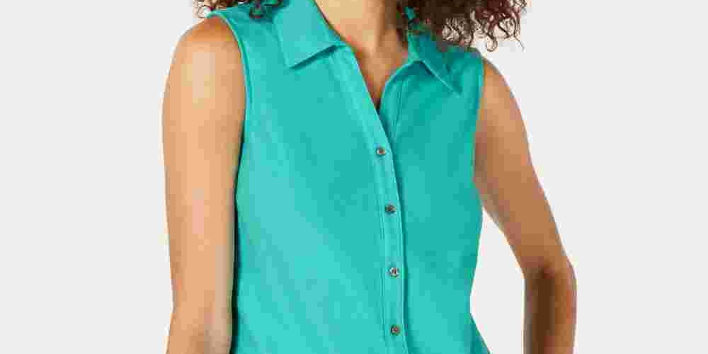 Camisa feminina sem mangas Charter Club Cotton Piquet Azul Tamanho 18