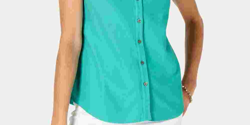 Camisa feminina sem mangas Charter Club Cotton Piquet Azul Tamanho 18