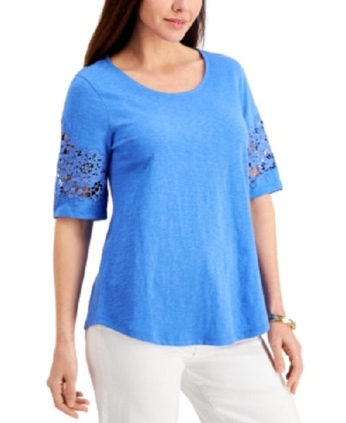 Top feminino Charter Club de algodão com acabamento em renda, azul, tamanho médio