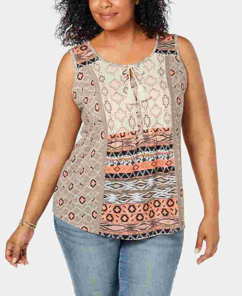 Blusa feminina estampada sem mangas com decote redondo, bege escuro, tamanho 1X, da Style &amp; Company