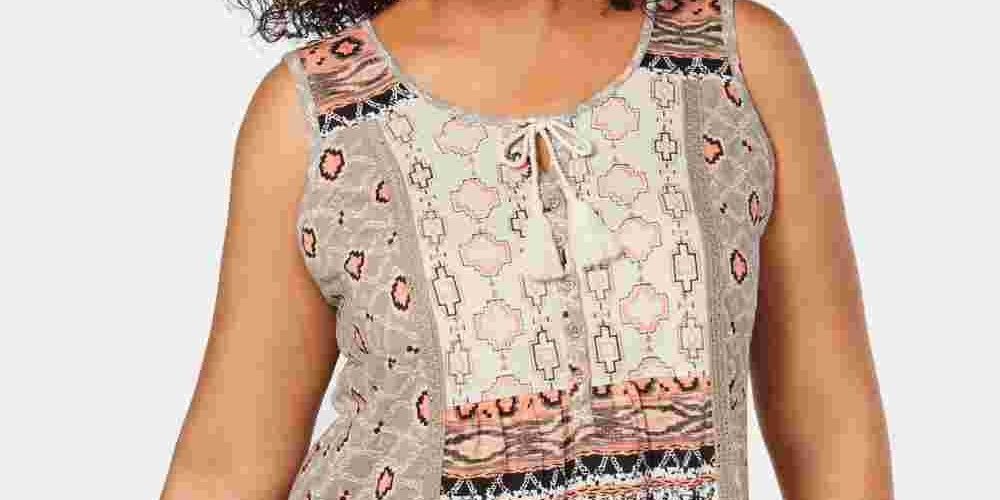 Blusa feminina estampada sem mangas com decote redondo, bege escuro, tamanho 1X, da Style &amp; Company