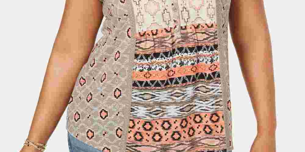 Blusa feminina estampada sem mangas com decote redondo, bege escuro, tamanho 1X, da Style &amp; Company