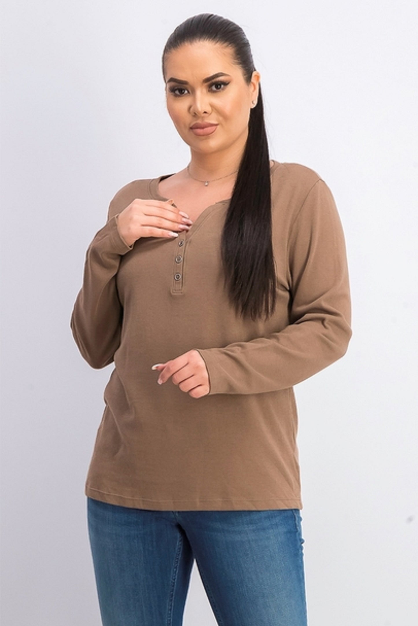 Karen Scott Top Henley de Algodão Feminino Bege Cáqui Tamanho P