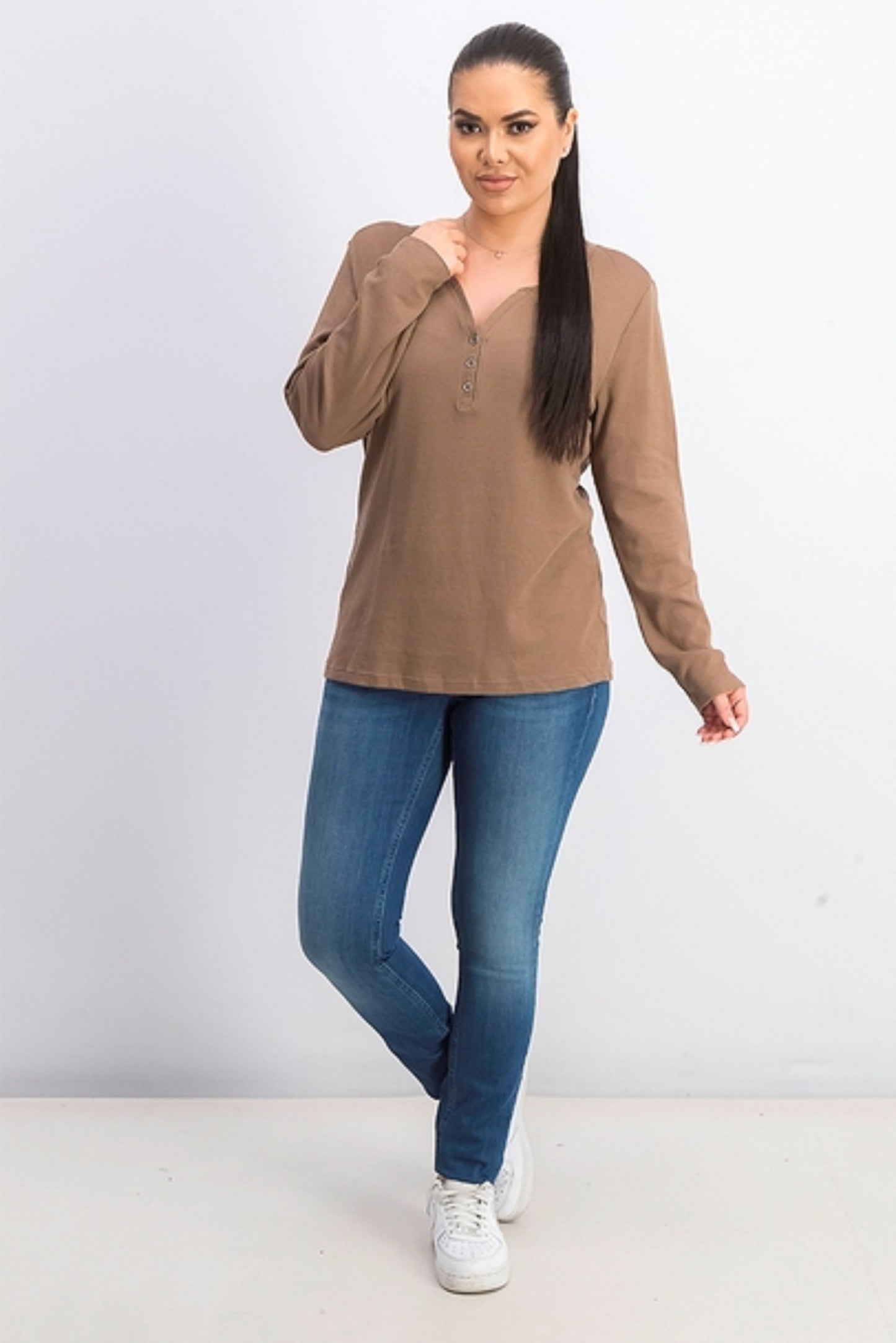 Karen Scott Top Henley de Algodão Feminino Bege Cáqui Tamanho P