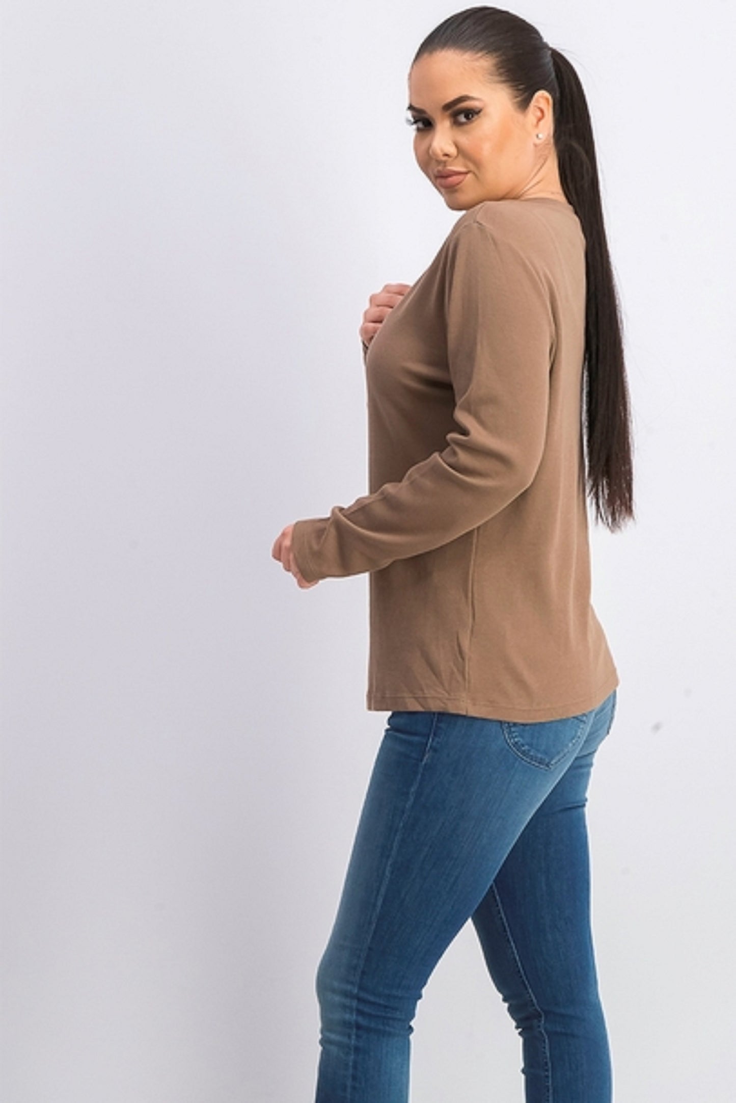 Karen Scott Top Henley de Algodão Feminino Bege Cáqui Tamanho P