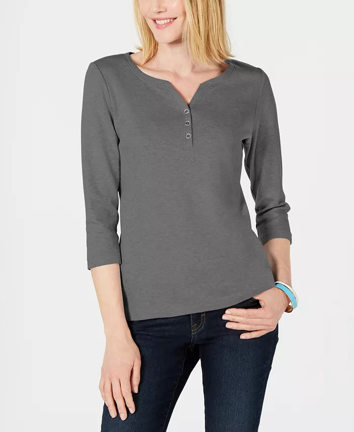 Karen Scott Top Henley de Algodão Feminino Verde Tamanho X-S