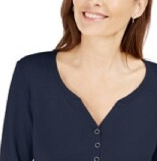 Camisa Henley de algodão feminina Karen Scott, azul escuro, tamanho pequeno e pequeno