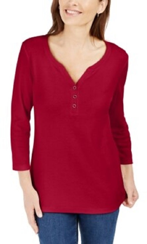Camisa Henley de algodão feminina Karen Scott, vermelha, tamanho pequeno médio