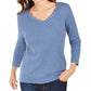 Blusa feminina Karen Scott de algodão com decote em V e acabamento em botões, azul, tamanho grande