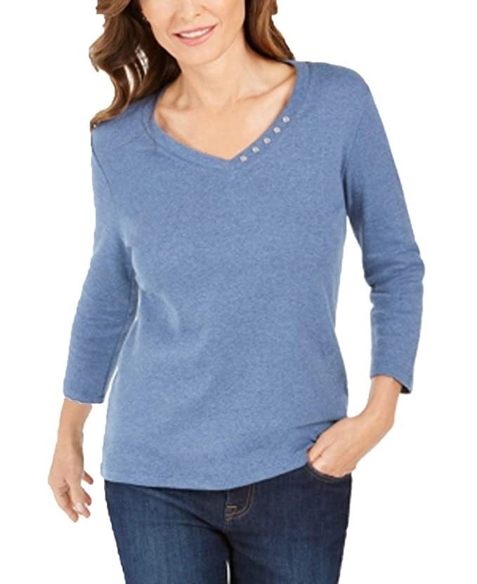 Blusa feminina Karen Scott de algodão com decote em V e acabamento em botões, azul, tamanho grande