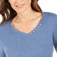 Blusa feminina Karen Scott de algodão com decote em V e acabamento em botões, azul, tamanho grande