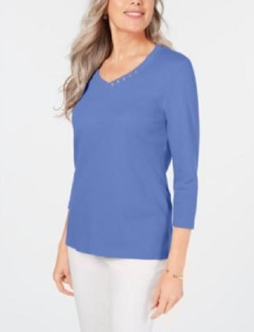 Blusa feminina Karen Scott de algodão com decote em V e acabamento em botões, azul, tamanho pequeno