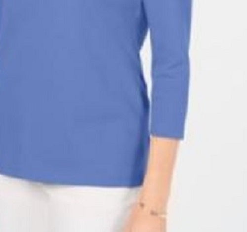 Blusa feminina Karen Scott de algodão com decote em V e acabamento em botões, azul, tamanho pequeno