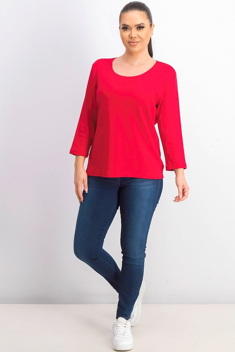 Karen Scott Blusa de algodão feminina com decote redondo, vermelha, tamanho pequeno pequeno
