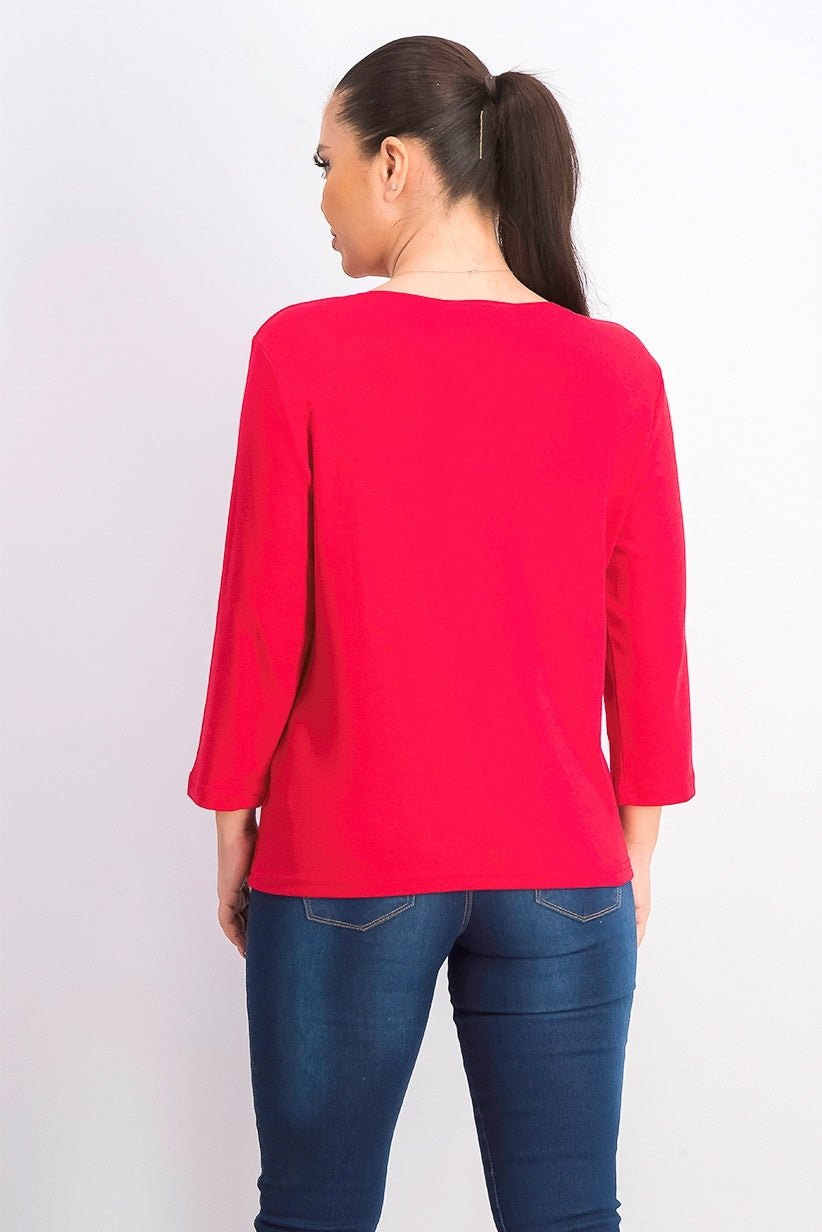 Karen Scott Blusa de algodão feminina com decote redondo, vermelha, tamanho pequeno pequeno