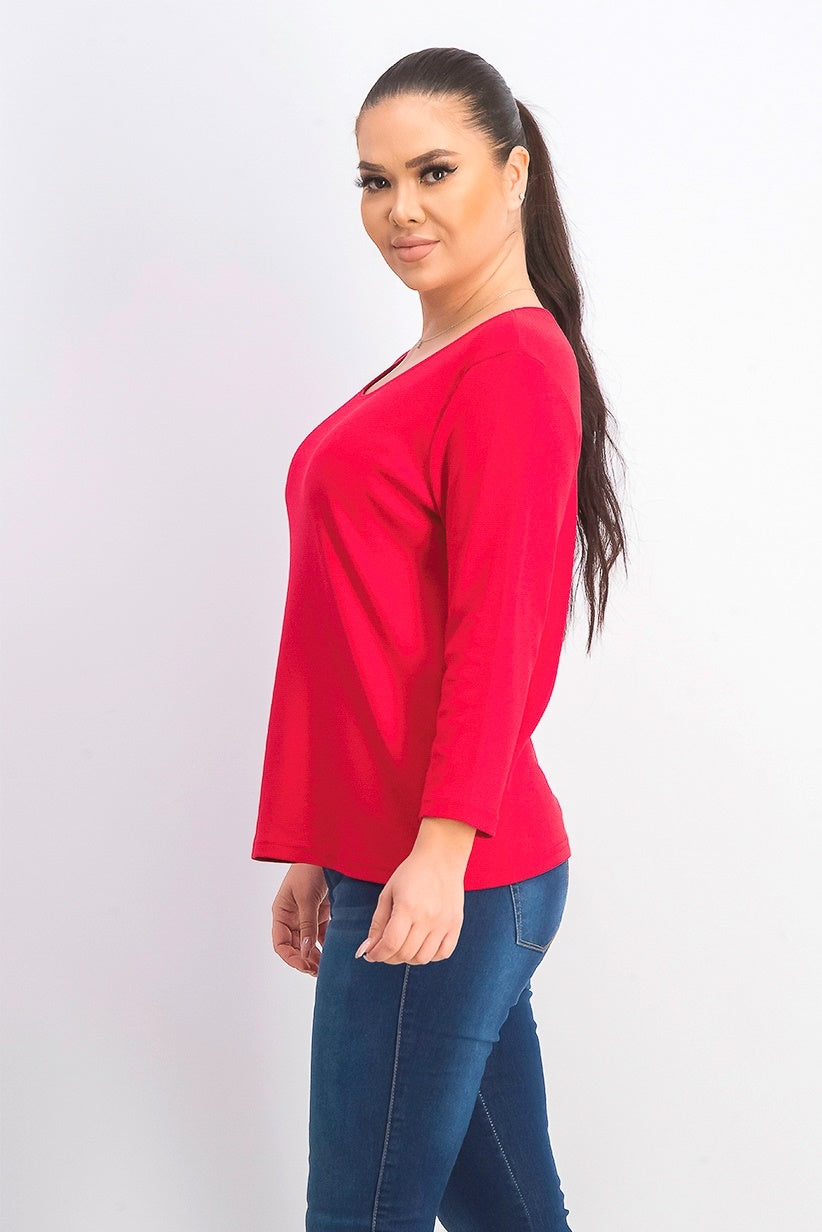 Karen Scott Blusa de algodão feminina com decote redondo, vermelha, tamanho pequeno pequeno