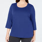 Karen Scott Blusa feminina plus size de algodão com decote redondo, azul, tamanho 0X