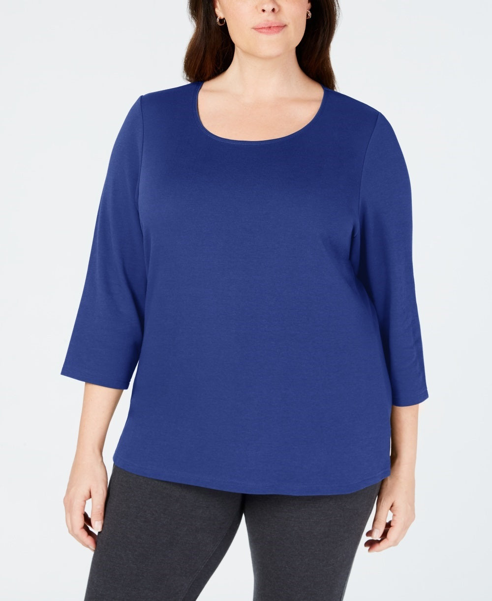 Karen Scott Blusa feminina plus size de algodão com decote redondo, azul, tamanho 0X