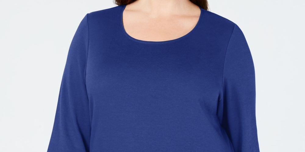 Karen Scott Blusa feminina plus size de algodão com decote redondo, azul, tamanho 0X