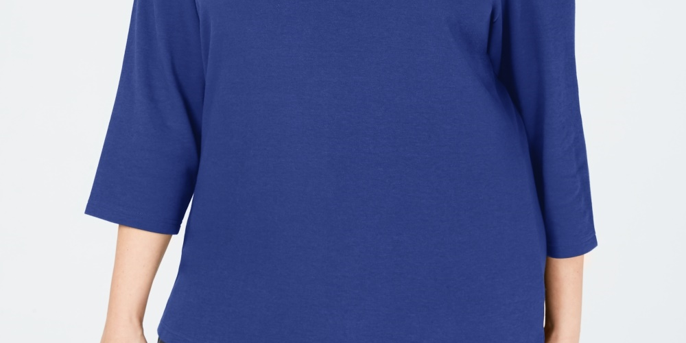 Karen Scott Blusa feminina plus size de algodão com decote redondo, azul, tamanho 0X