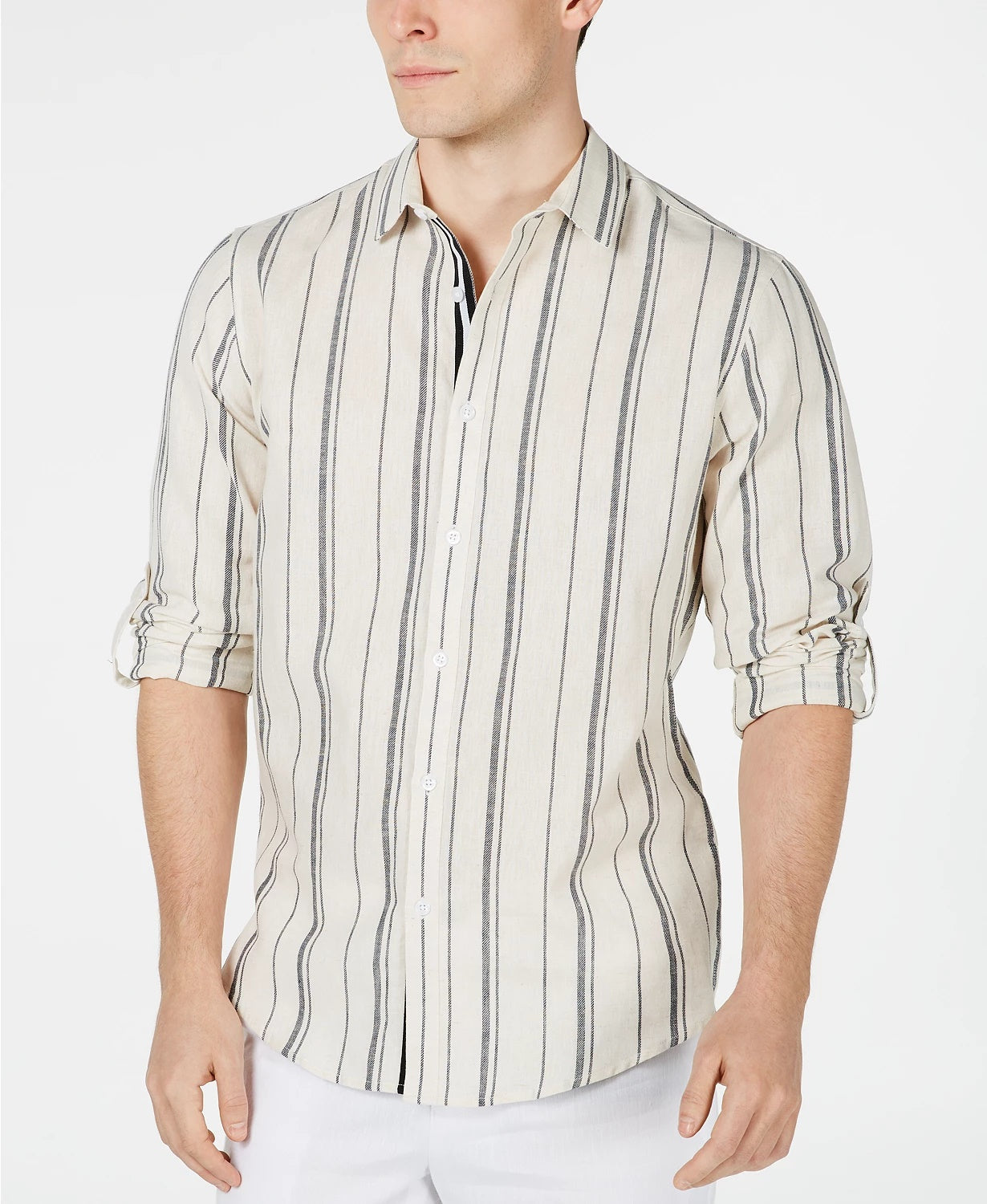 Camisa listrada masculina com botões Francis da INC International Concepts, bege-cáqui, tamanho extra pequeno