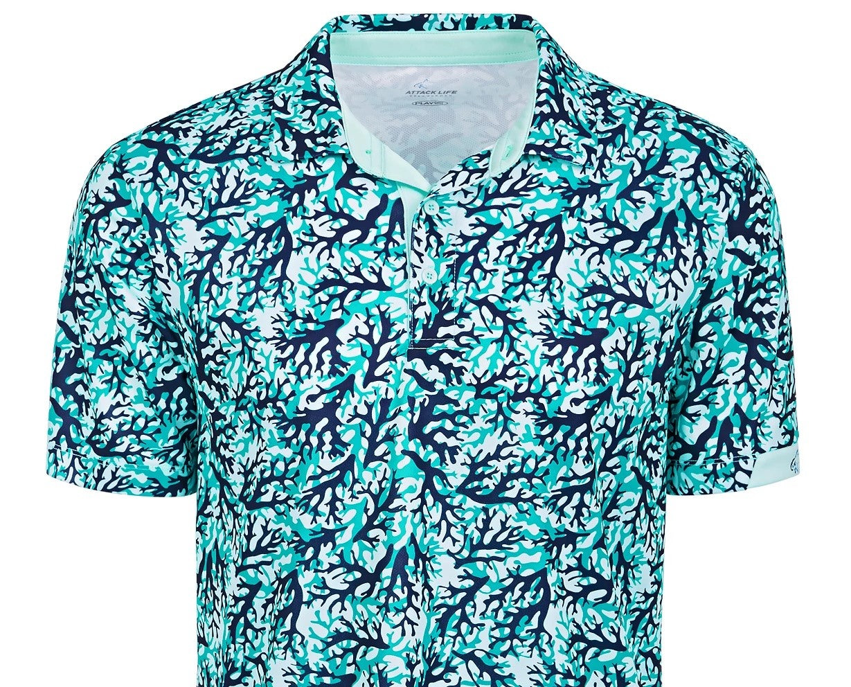 Camisa polo masculina Attack Life By Greg Norman com estampa coral, azul, tamanho médio