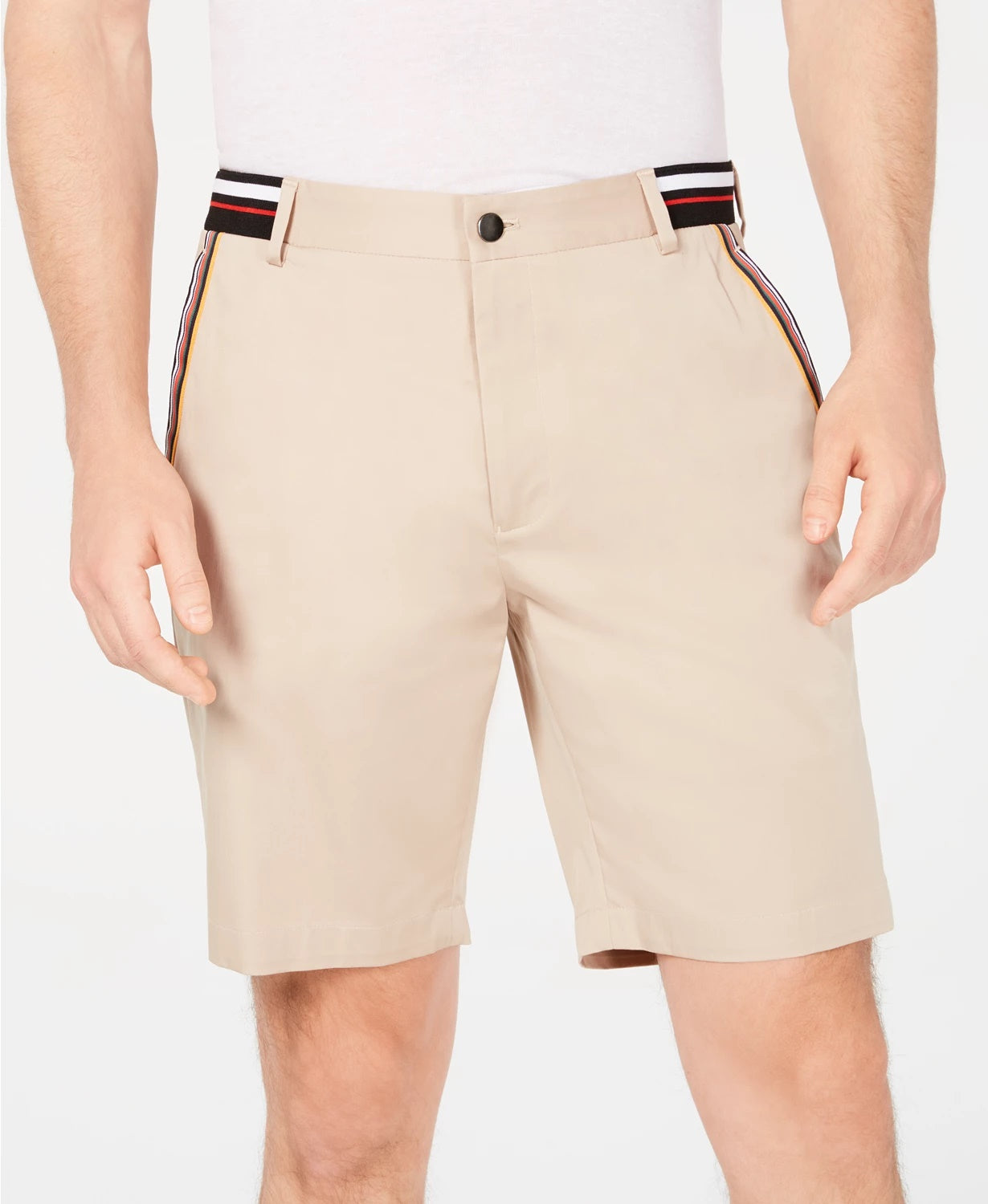 Shorts de cetim com detalhes listrados elásticos masculinos INC International Concepts, bege, tamanho 29 REG
