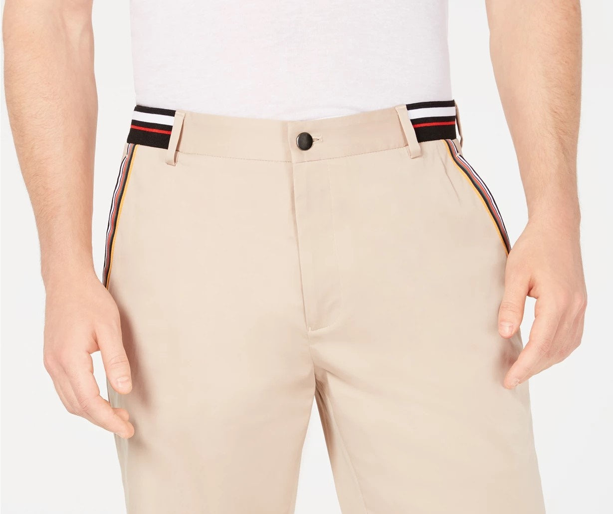 Shorts de cetim com detalhes listrados elásticos masculinos INC International Concepts, bege, tamanho 29 REG