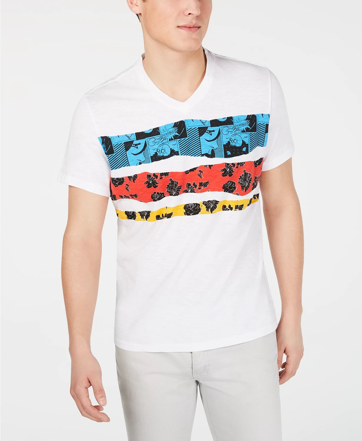 Camiseta masculina listrada com decote em V e estampa gráfica INC International Concepts, branca, tamanho XXG