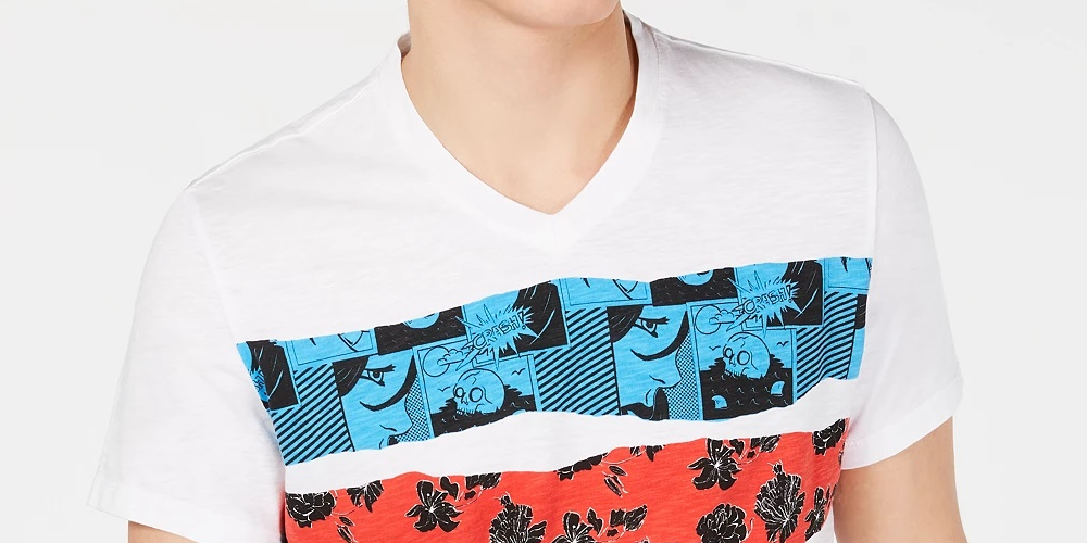 Camiseta masculina listrada com decote em V e estampa gráfica INC International Concepts, branca, tamanho XXG