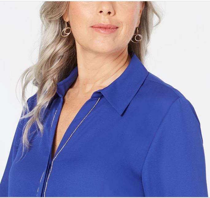 Camisa utilitária feminina JM Collection com detalhes, azul, tamanho pequeno médio
